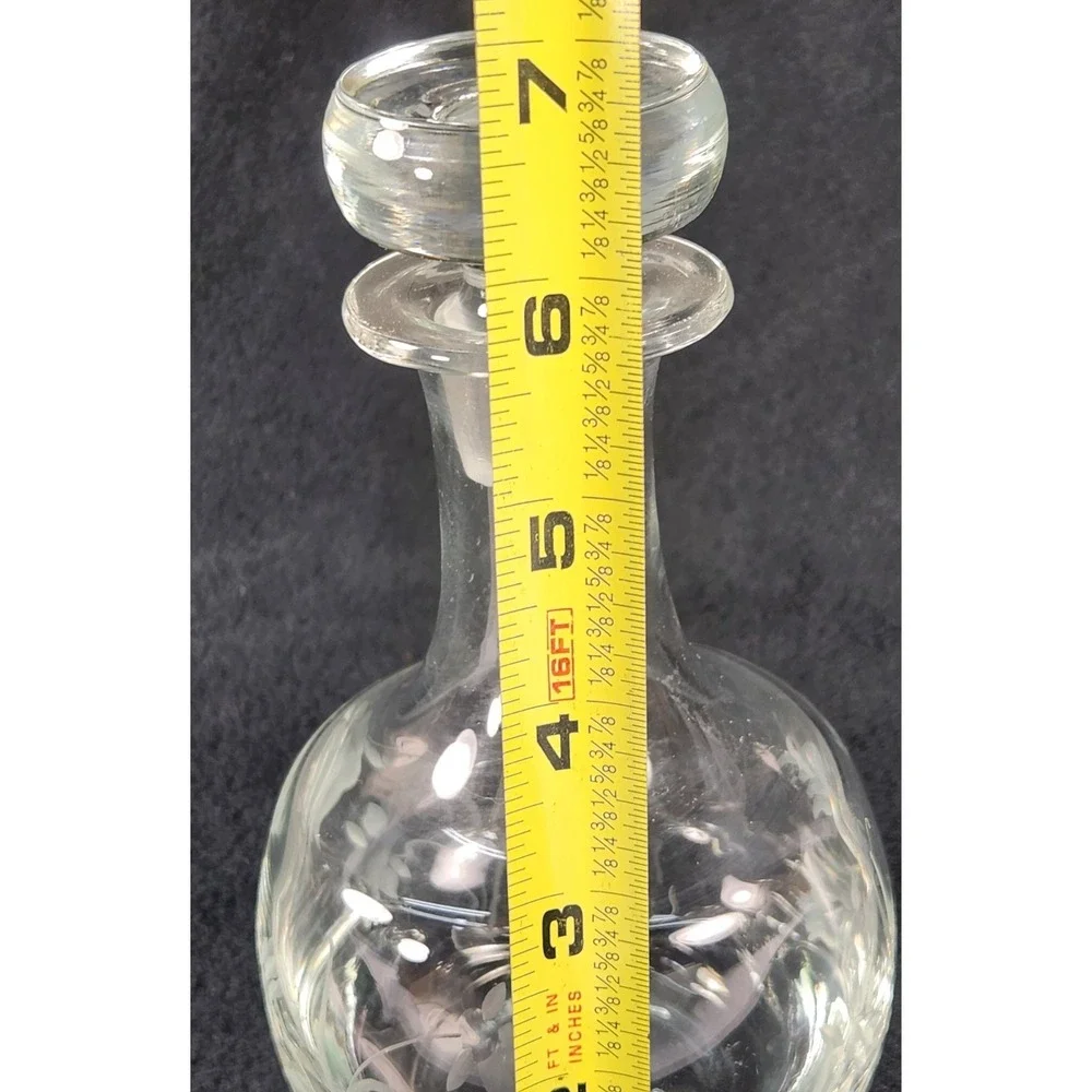 Vtg Danish Design Glass Decanter W/ Stopper Etched Floral Clear Made in Romania